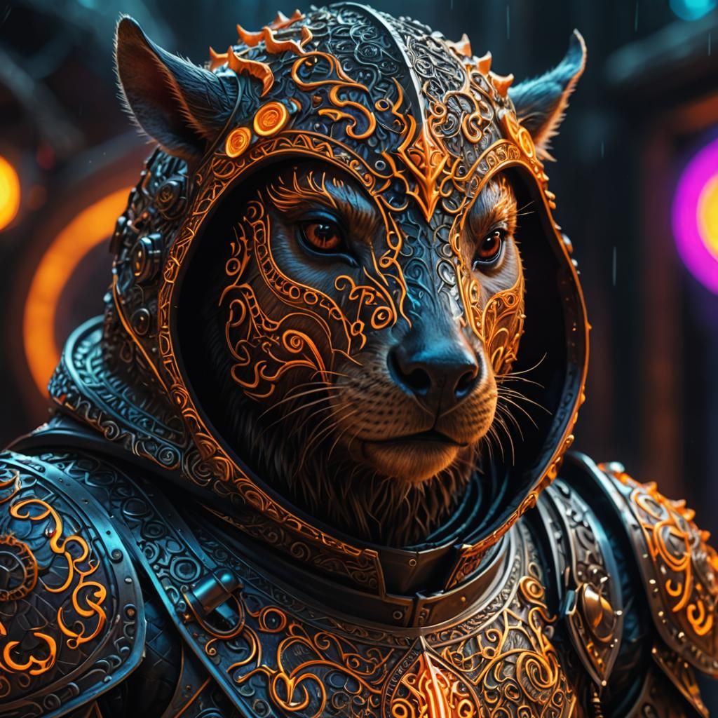 Demonic Capybara Knight in Neon Mask