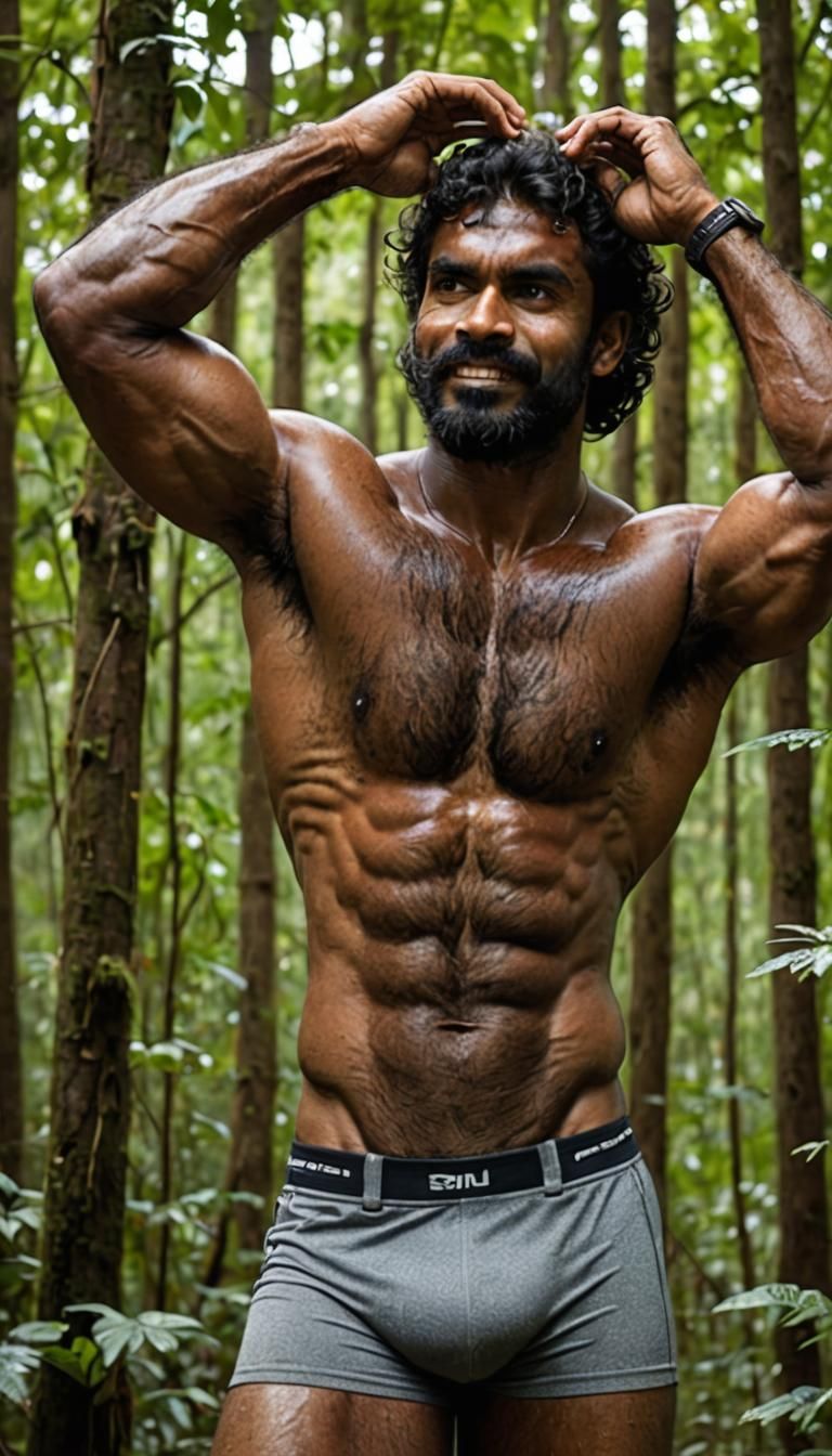 Sri Lankan Bodybuilder Posing in Forest Underwear