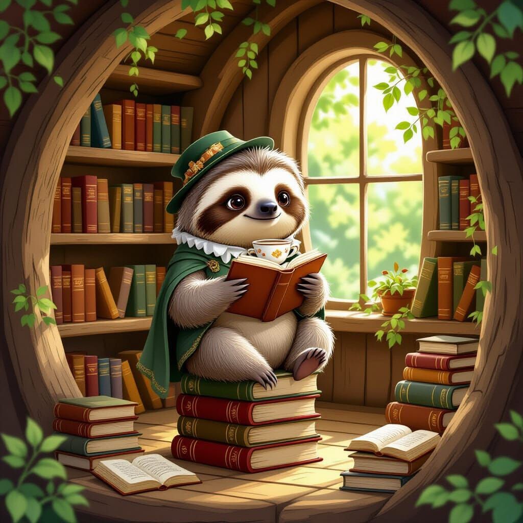 Whimsical Sloth Librarian in Cozy Treehouse Library