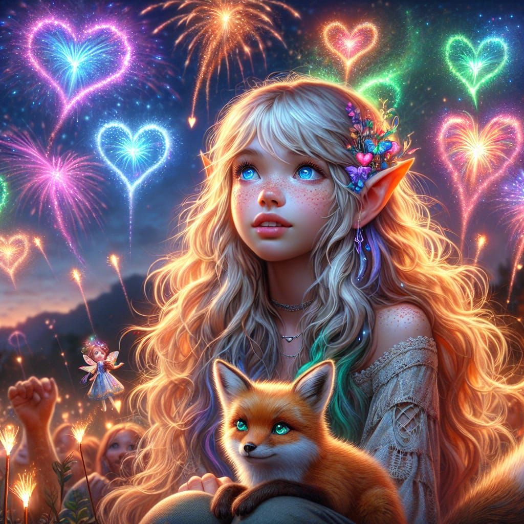 Elf Fairy Watching Fireworks, Matte Painting Style