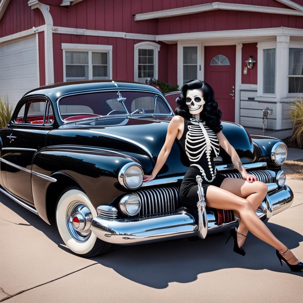 Skeleton Pinup with 1949 Mercury Coupe