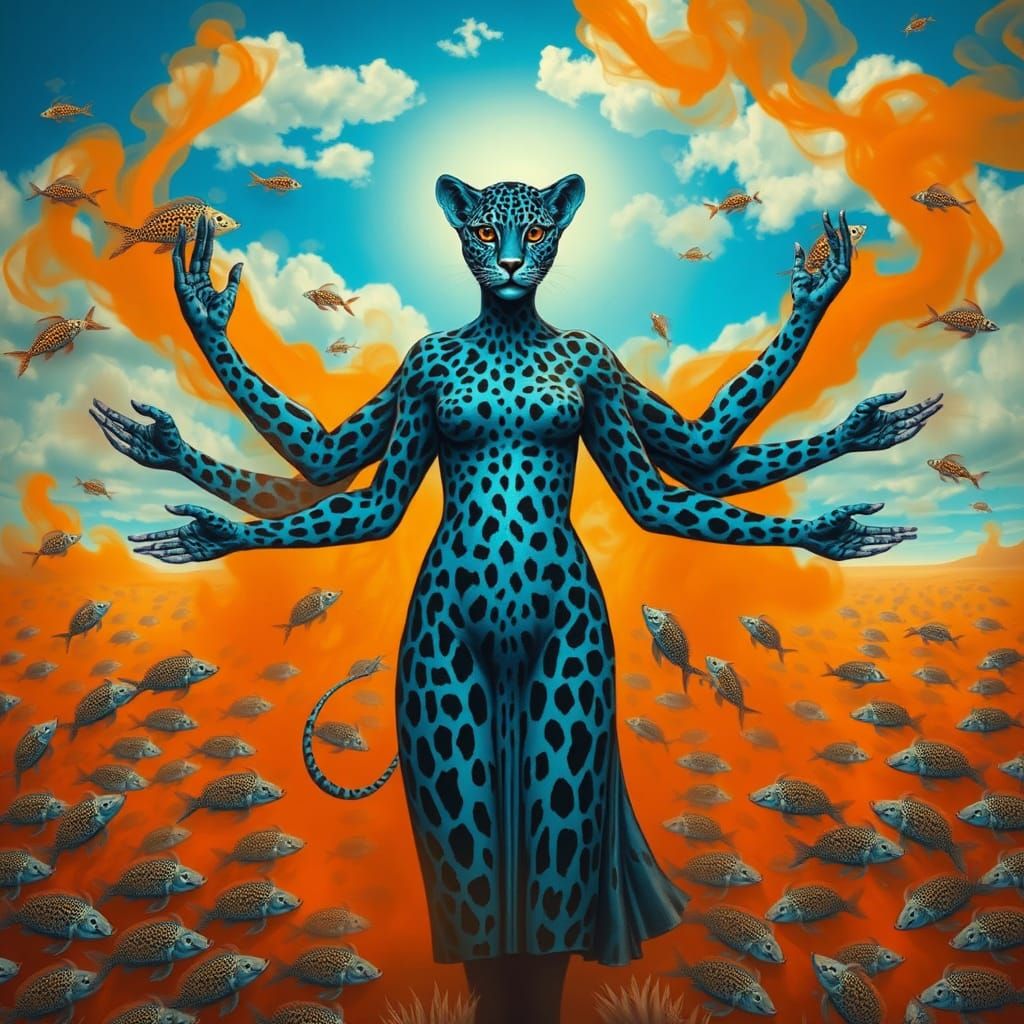Surreal Blue Leopard Woman in Dreamlike Realm