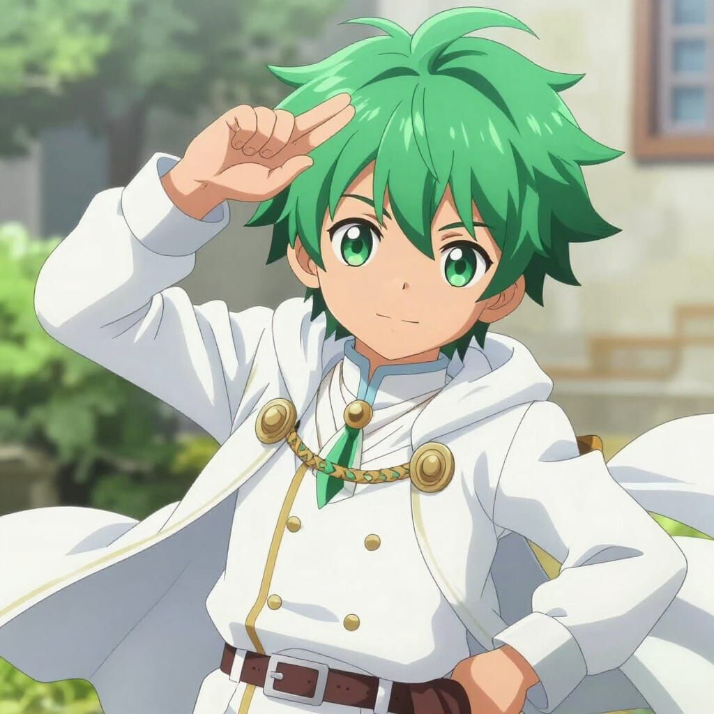 Anime Boy with Green Hair in Noble White Attire