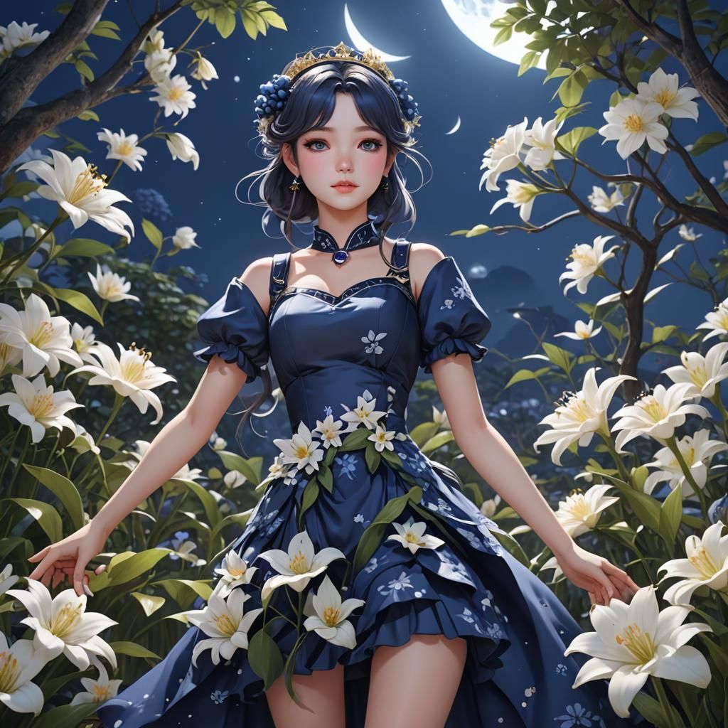 Blueberry Princess in Anime Style with Moon Lilies