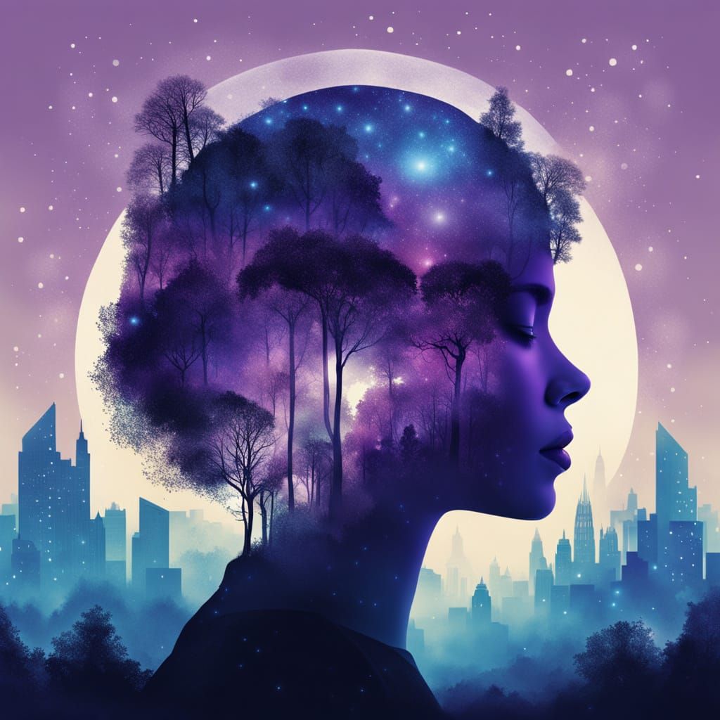 Princess Amidst Cosmic Landscape in Dreamlike Double Exposur...