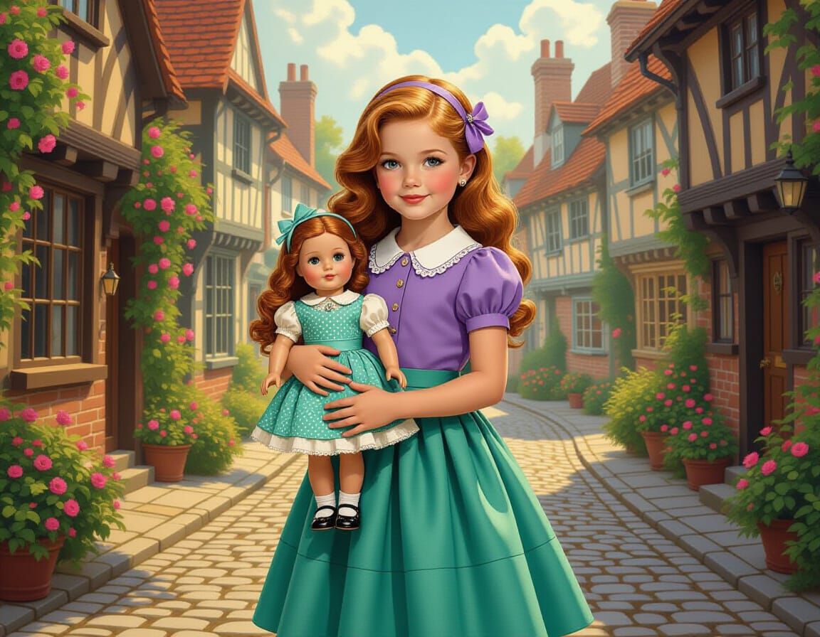 Girl with Doll in Quaint English Village, Digital Painting