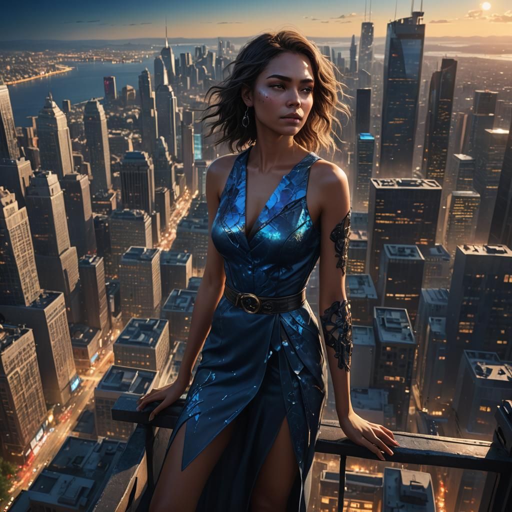 Woman Overlooking City Nightlife in Photorealistic Style