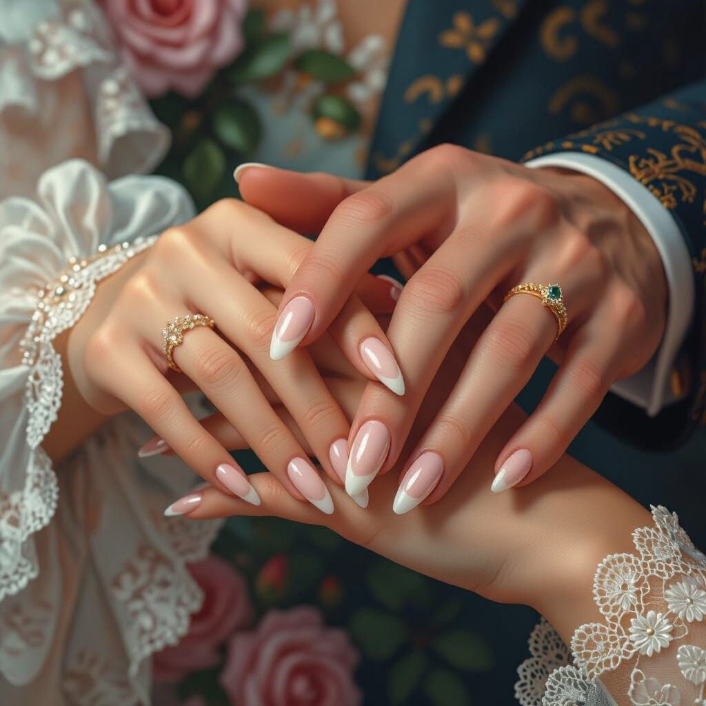 Two Hands Gently United in French Manicure Matte Painting