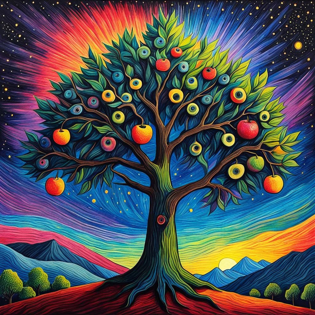 Googly Eye Tree in Rainbow Starry Night Style