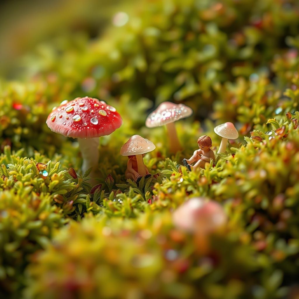 Whimsical Plush Moss Scene with Tiny Humans and Fungi