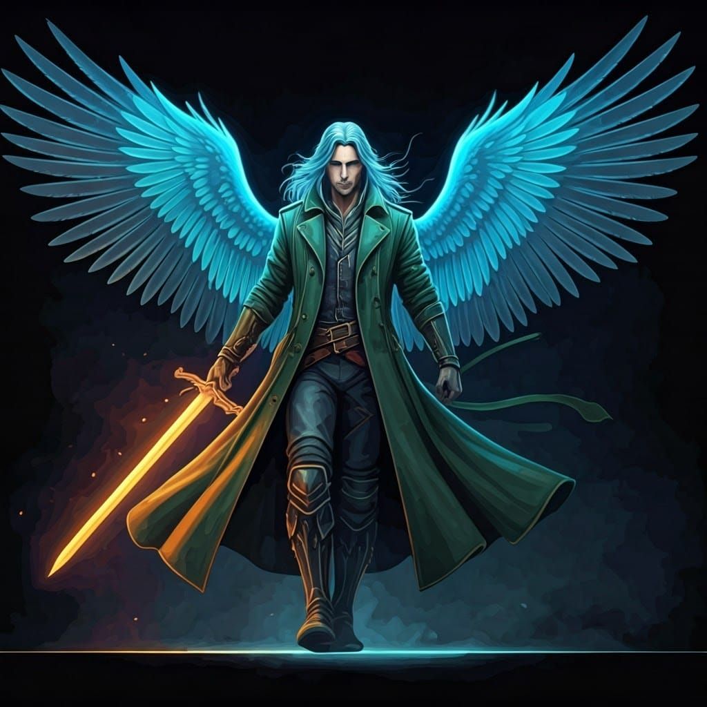 Winged Swordsman: Minimalist Sketch with Ink Wash