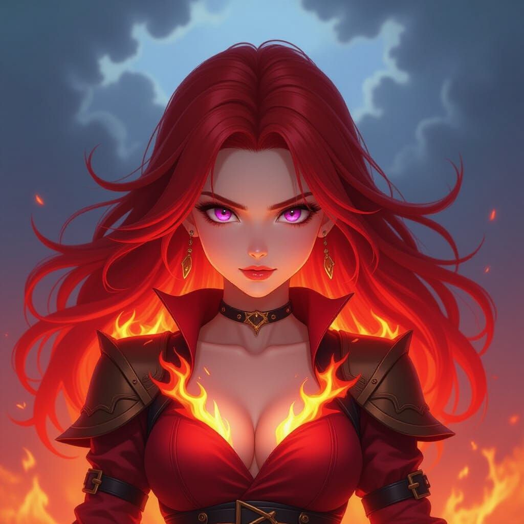 Fiery Anime Woman in Dramatic Fantasy Art Style