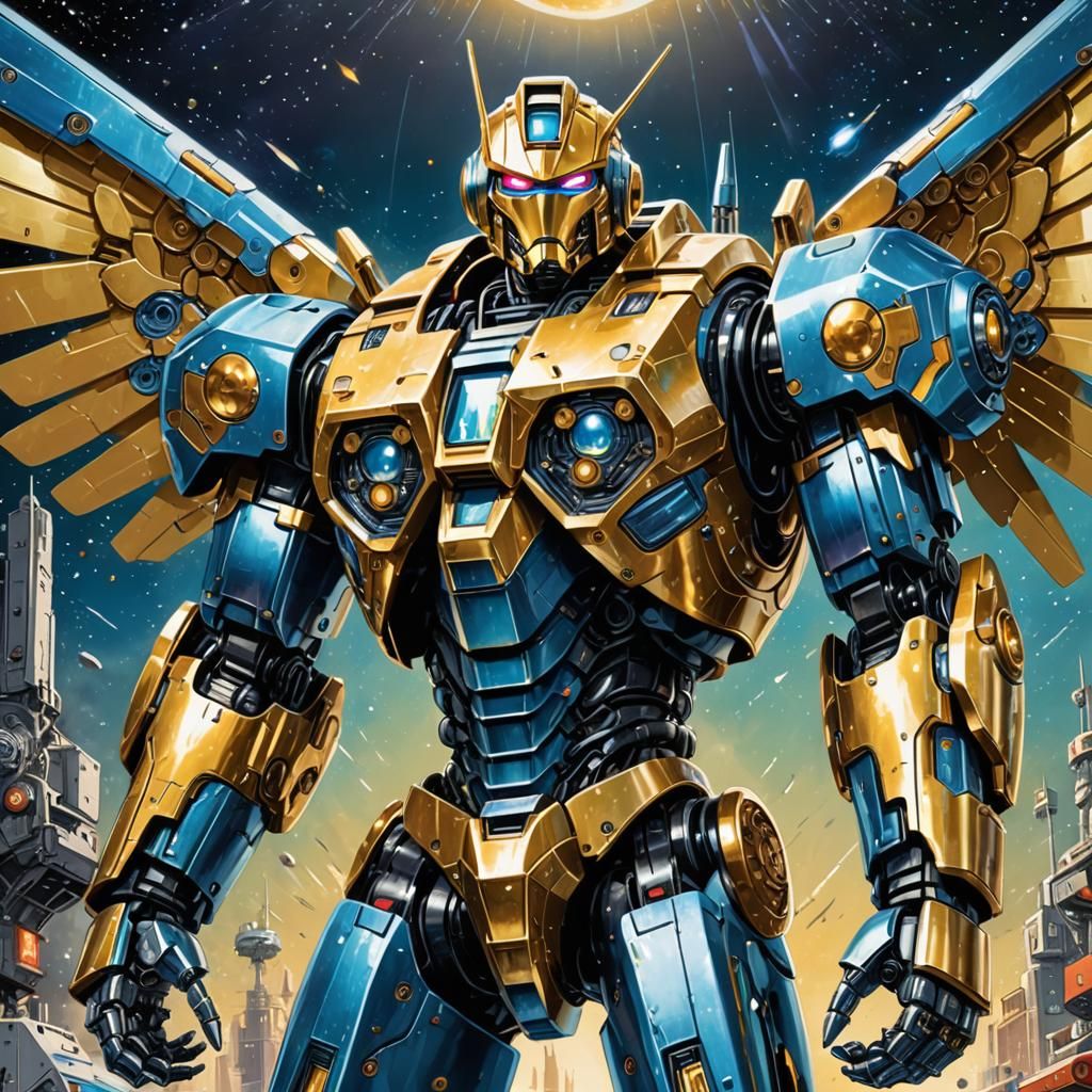 Heroic Robot with Wings in Space: Comic Book Art