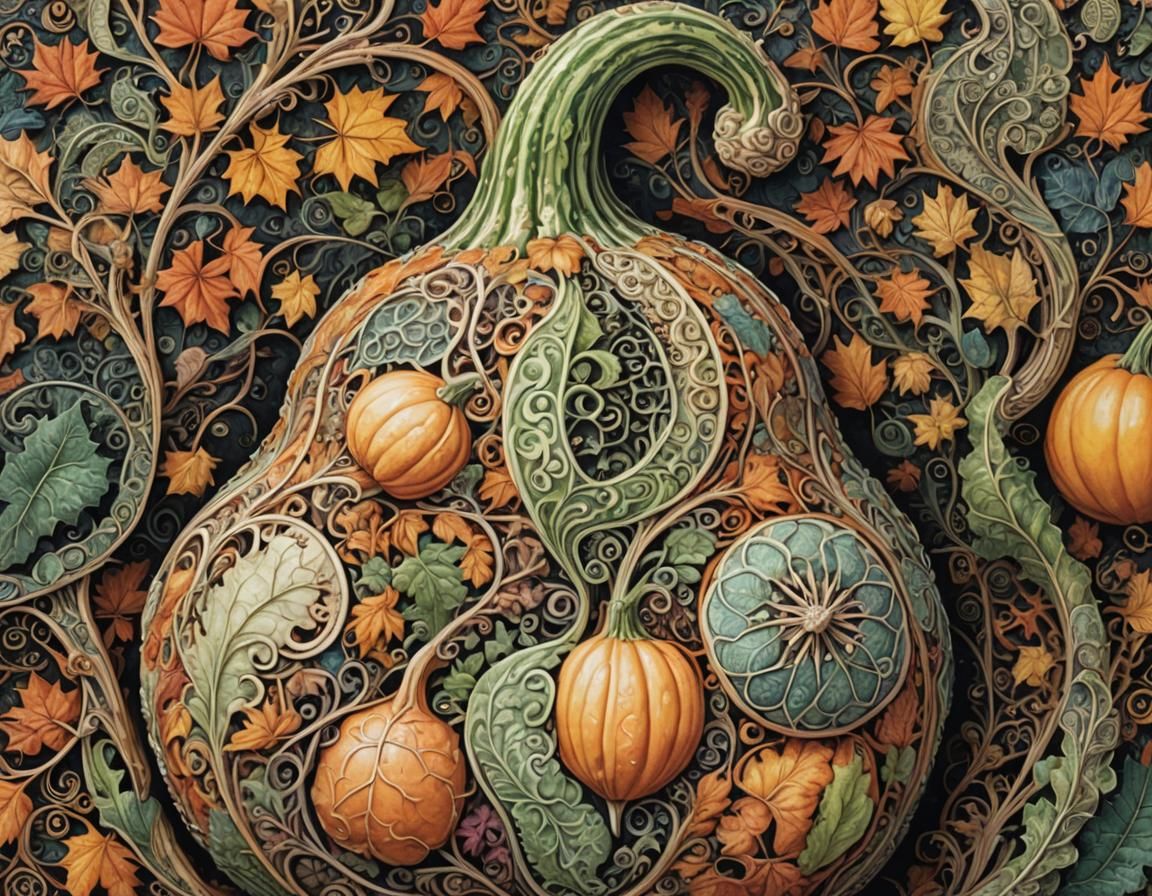 Ornate Autumn Gourd in Surreal Hyperrealistic Portrait