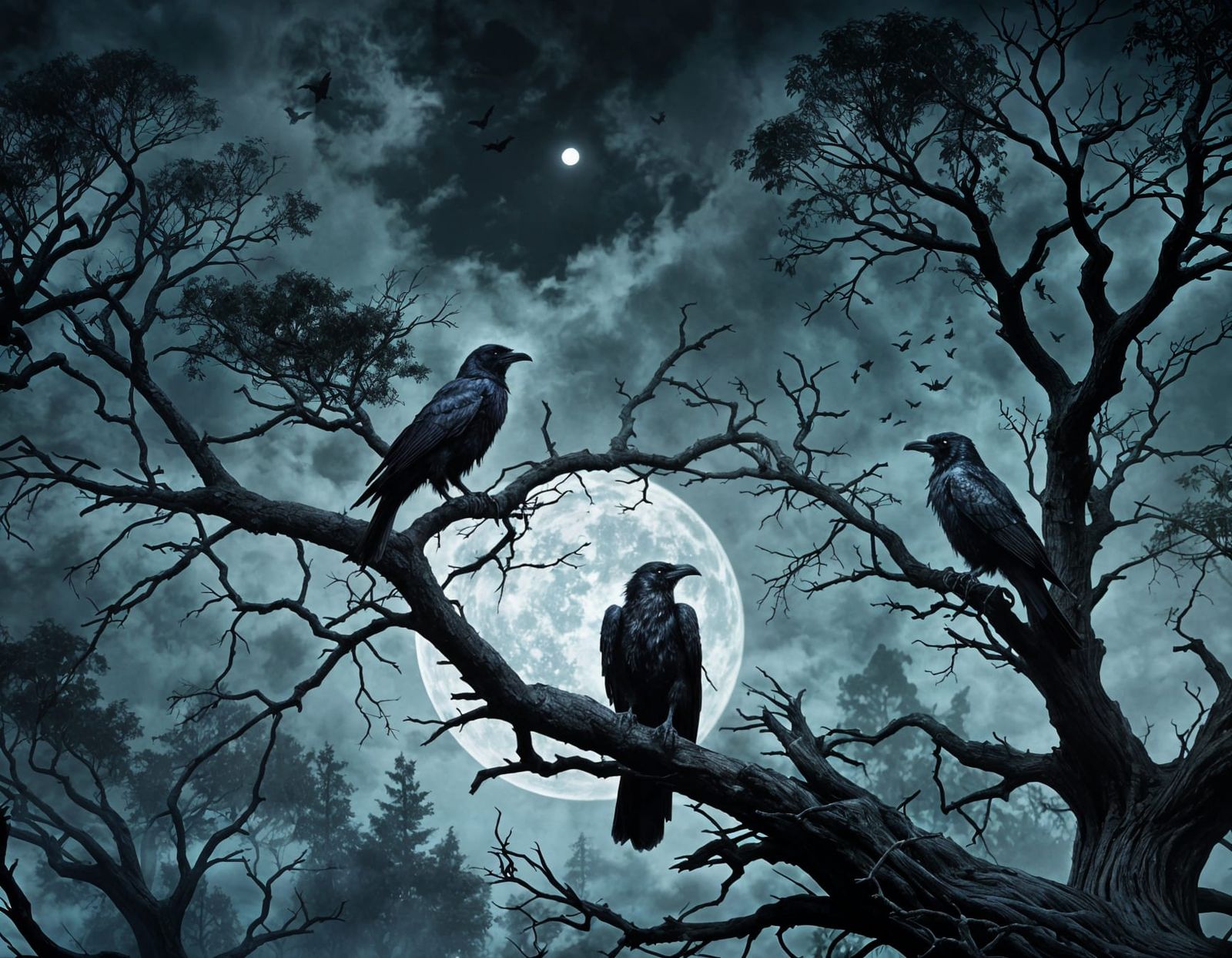 Ravens on Evil Tree Branch in Haunted Forest