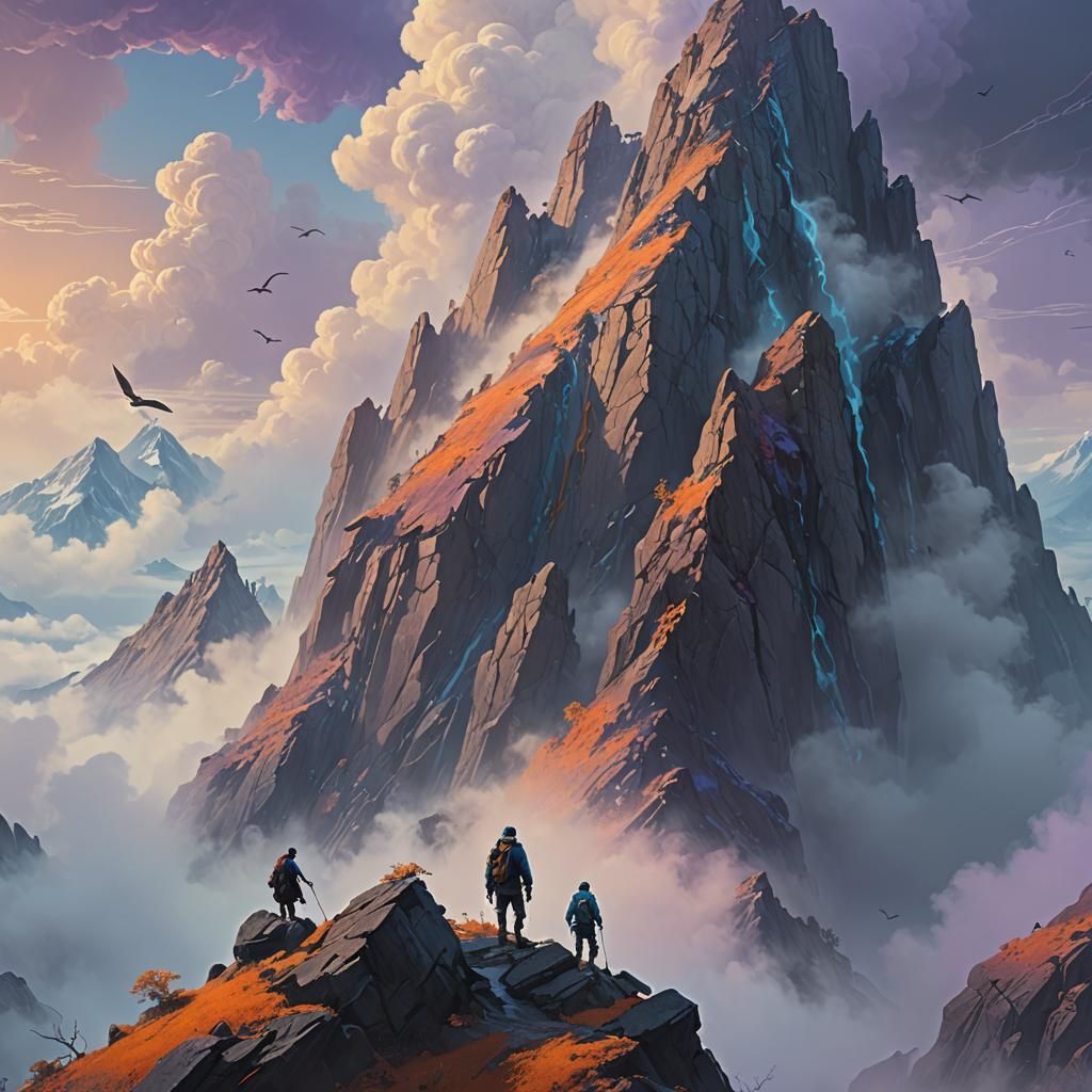 Epic Fantasy Mountain Climb in Ethereal Light