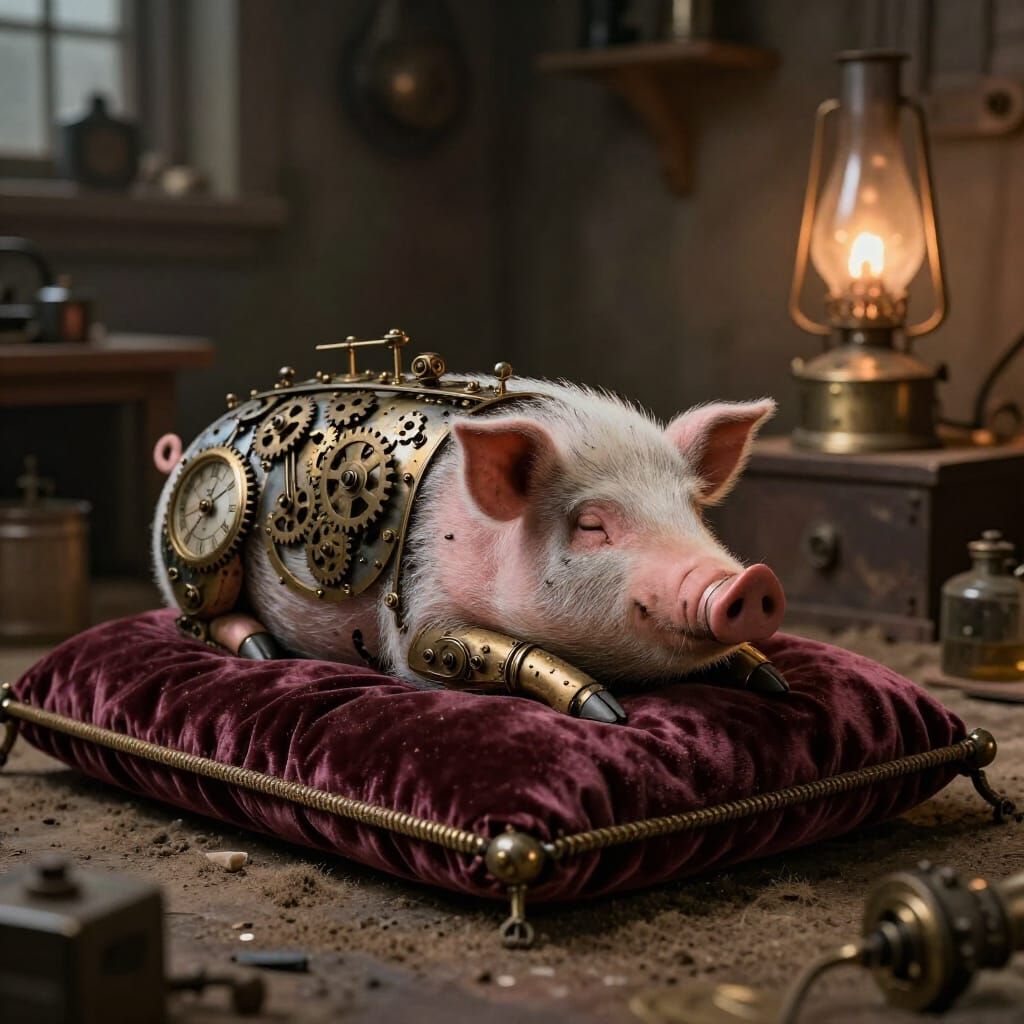 Elderly Pig Automaton Dreams in Steampunk Workshop