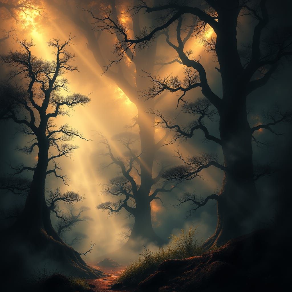 Mystical Sunlight Piercing Dark Fantasy Forest Mist