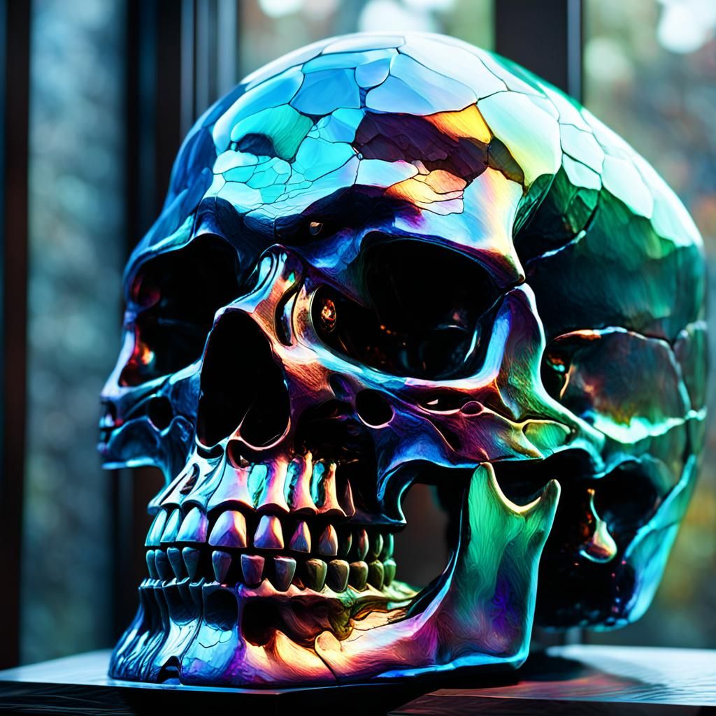 Iridescent Glass Skull Statue in Temple, 3D Render
