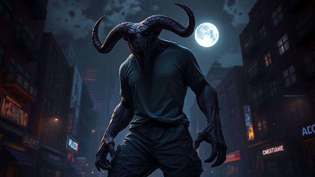 Monster in Evil City Under Moonlight