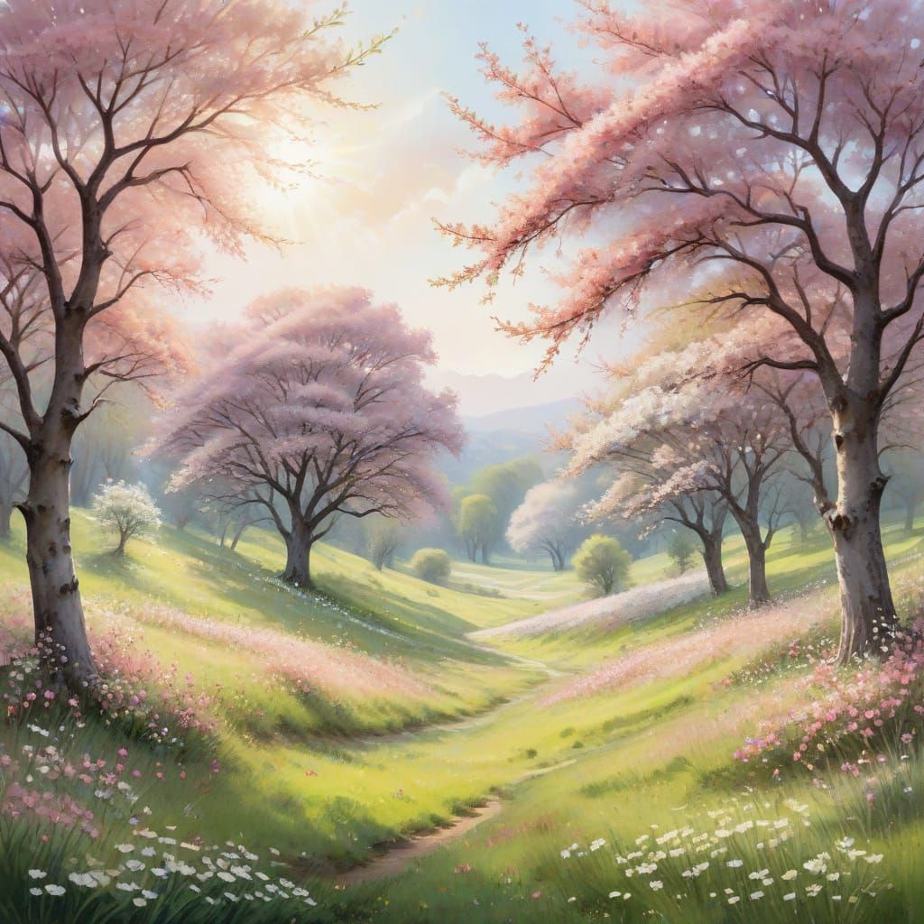 Whimsical Hawthorn Trees in a Lush Watercolor Meadow