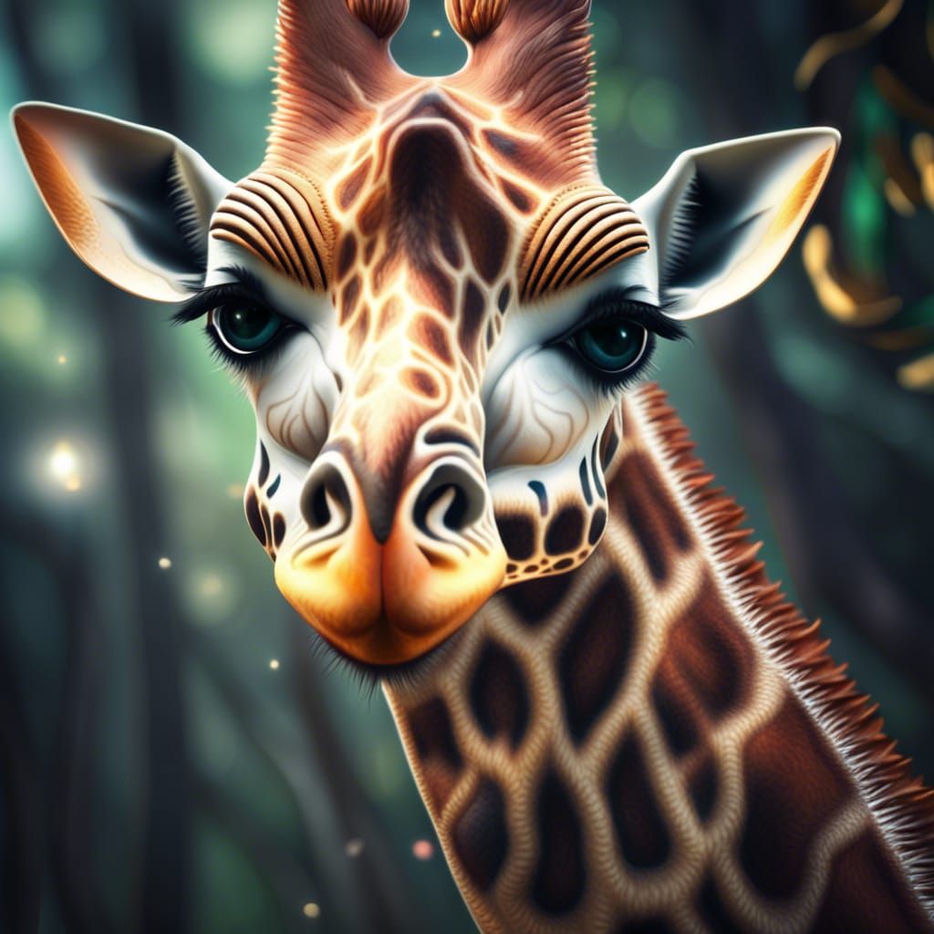 Fantasy Giraffe with Big Eyes in Magical Forest
