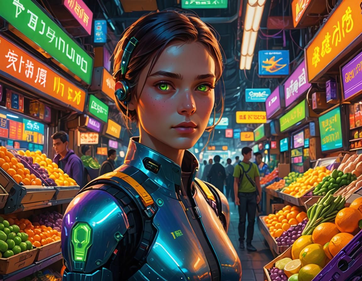 Android in a Neon Cyberpunk Market