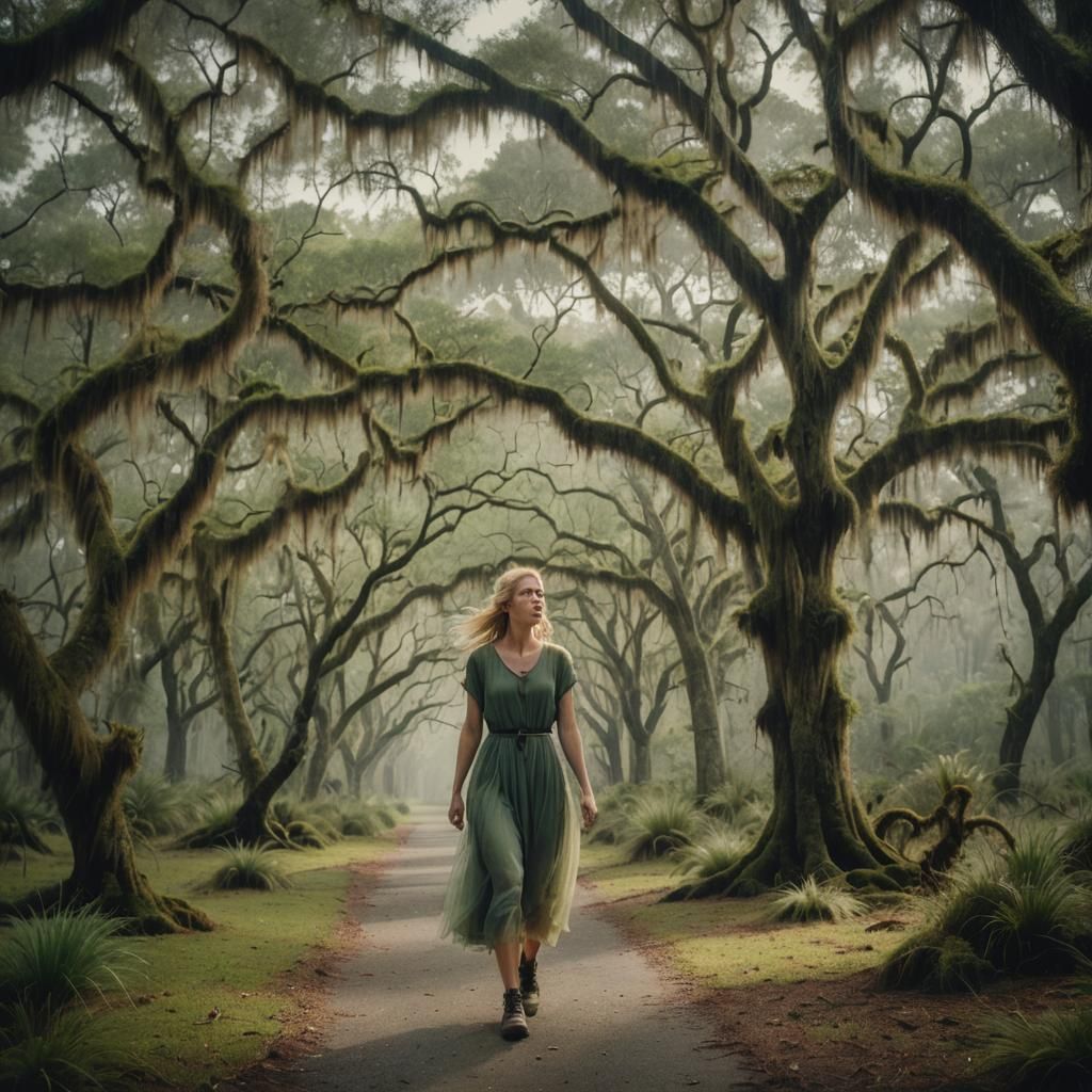 Mystical Nordic Woman in Mossy Forest