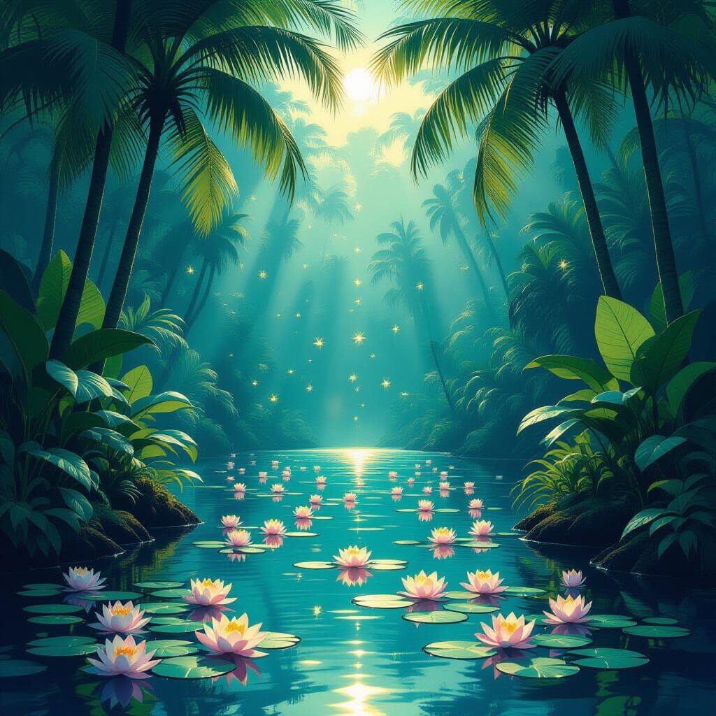 Lush Tropical Paradise with Fireflies