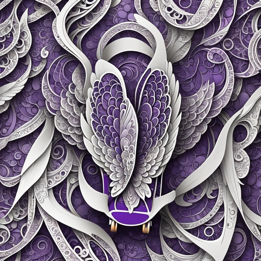 Skateboard with Purple Angel Wings Graphic