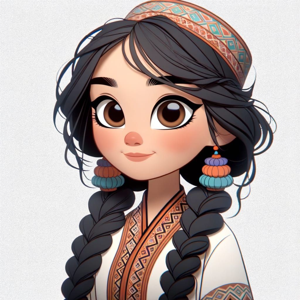 Beautiful Kazakh Girl in Traditional Clothing, Cartoon Style
