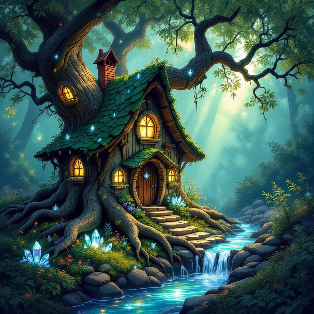Whimsical Fairy House with Glowing Crystals