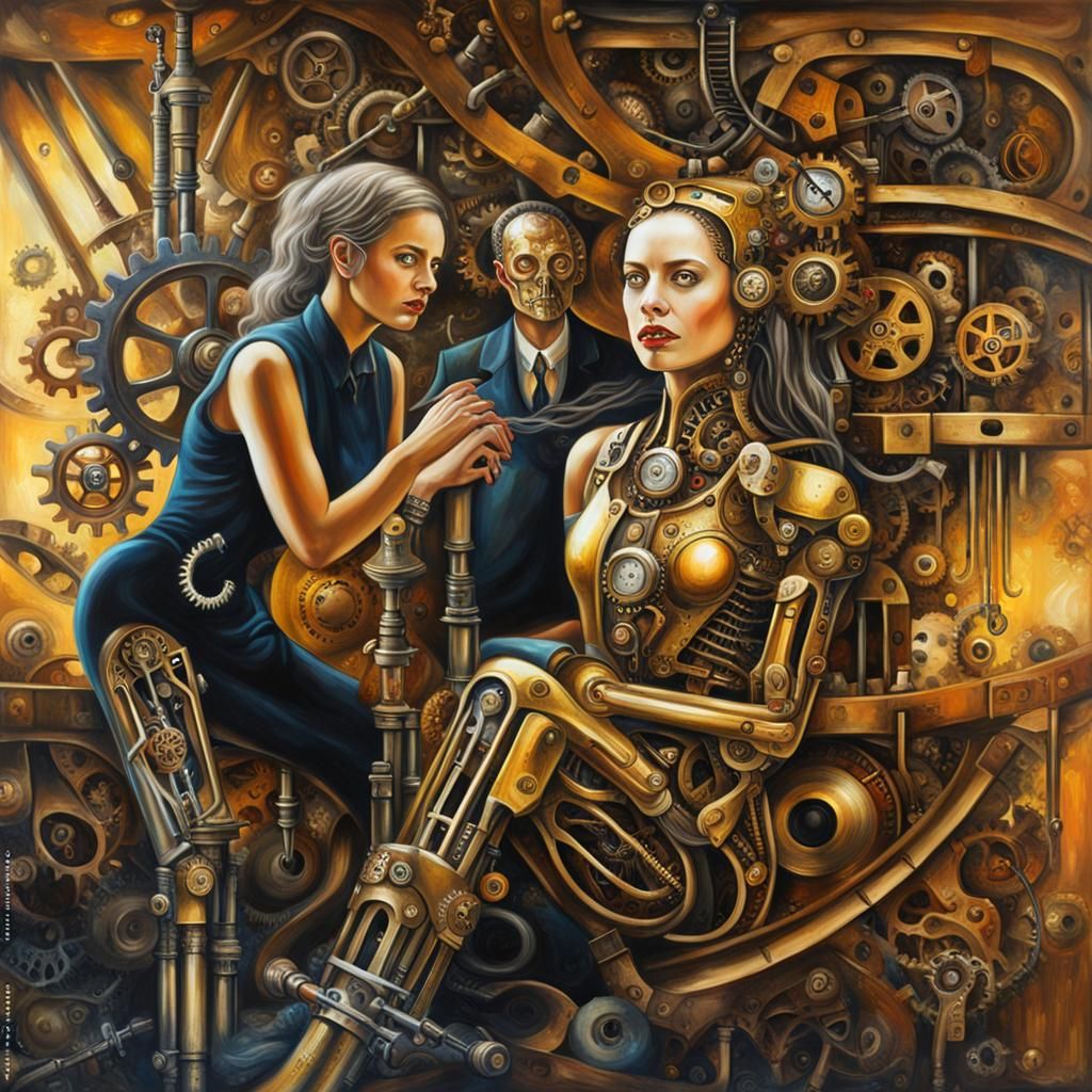Steampunk Woman with Clockwork Limbs in Dreamlike Workshop