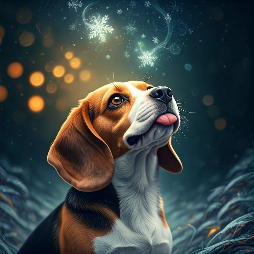 Beagle Catches Snowflakes in Winter Wonderland