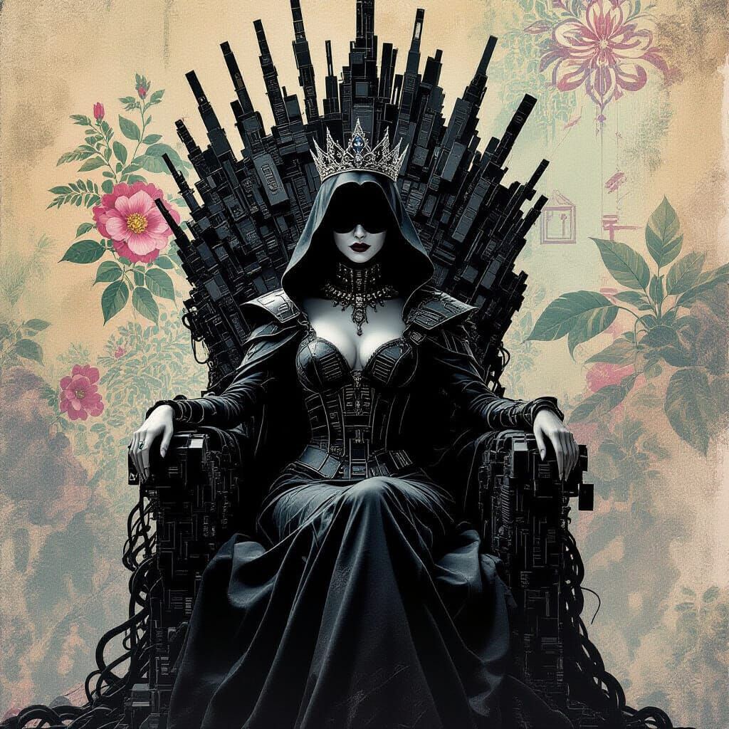 Cyberpunk Queen on Throne of Vines and Circuits