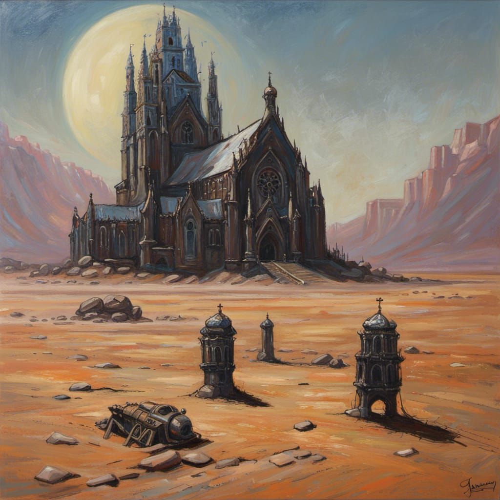 Atompunk Gothic Church on Barren Planet as Oil Painting