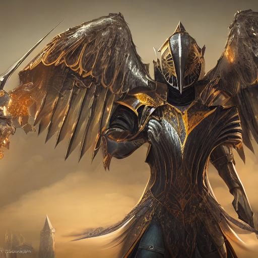 Golden Knight with Black Wings in Detailed Matte Painting