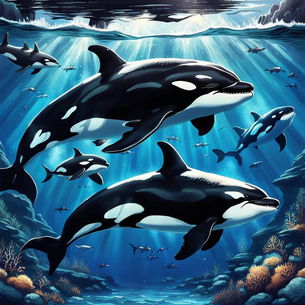 Orca Family Swim in Anime Style