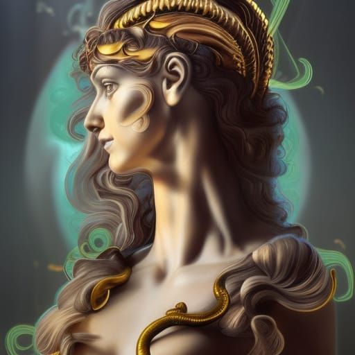 Greek goddess Athena with wavy brown hair with blonde highlights