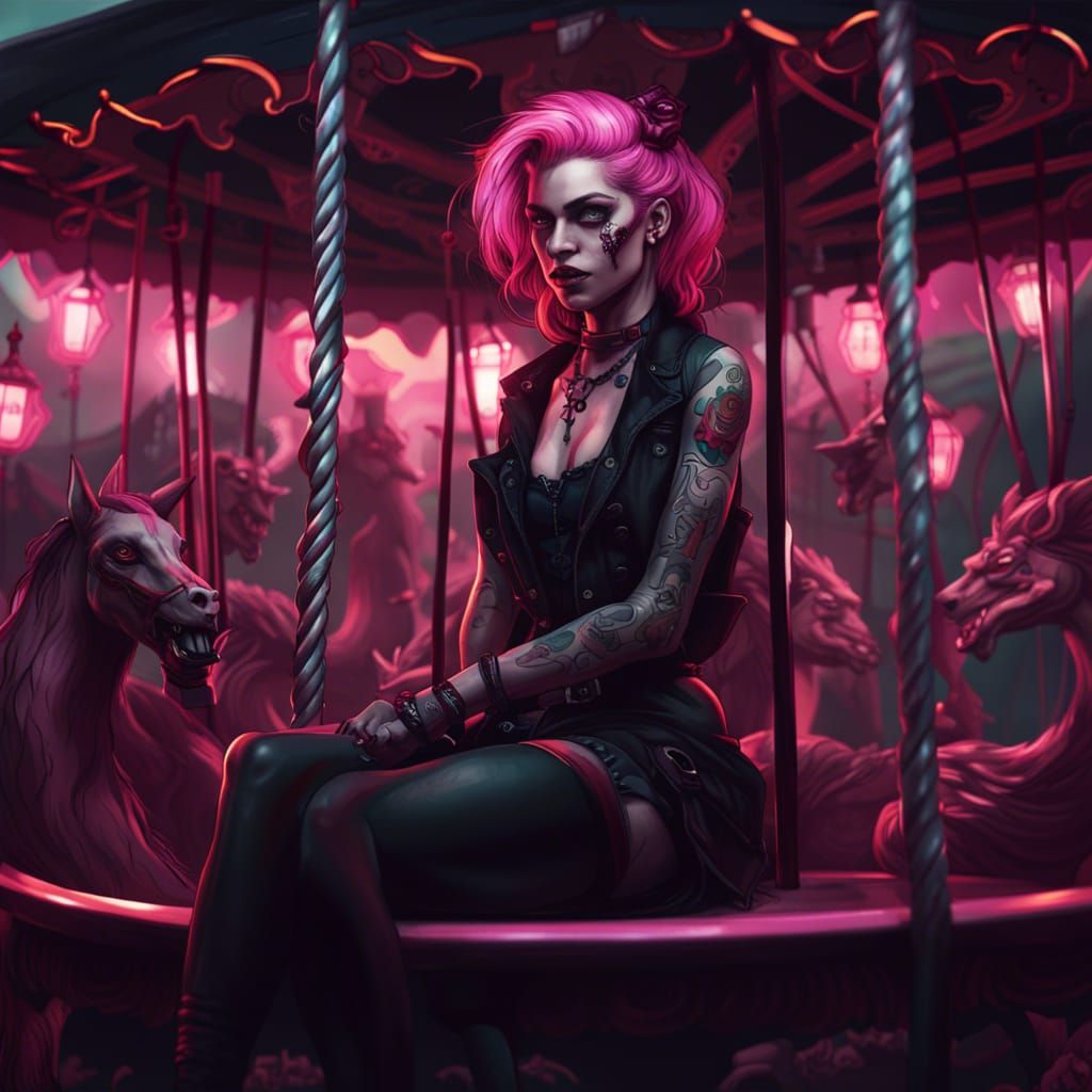 Malkavian Vampire on Merry-Go-Round: Dark Fantasy Art