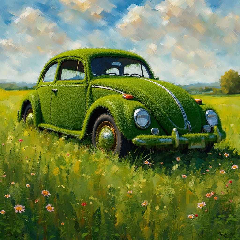 Abandoned Rusty VW Beetle in Green Field - Impressionism
