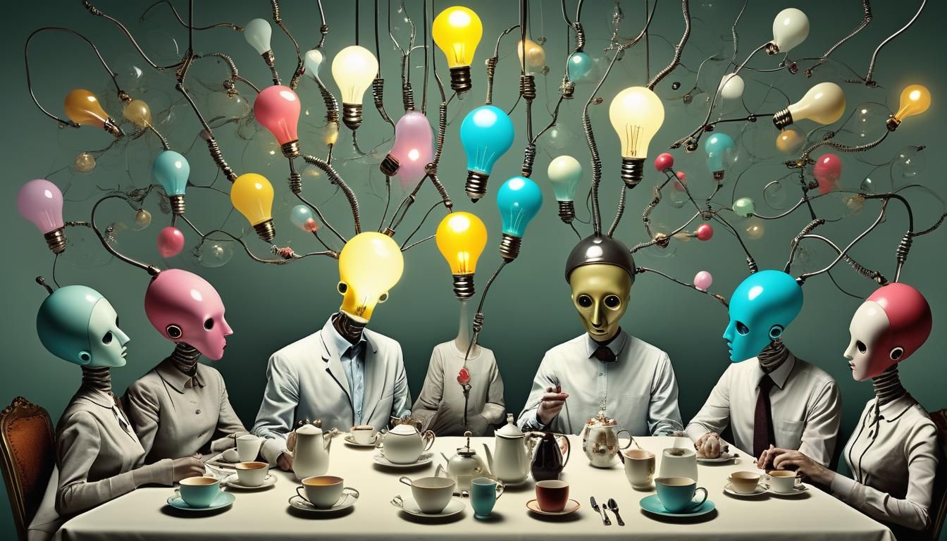 Surreal Lightbulb-Headed People Exchange Ideas