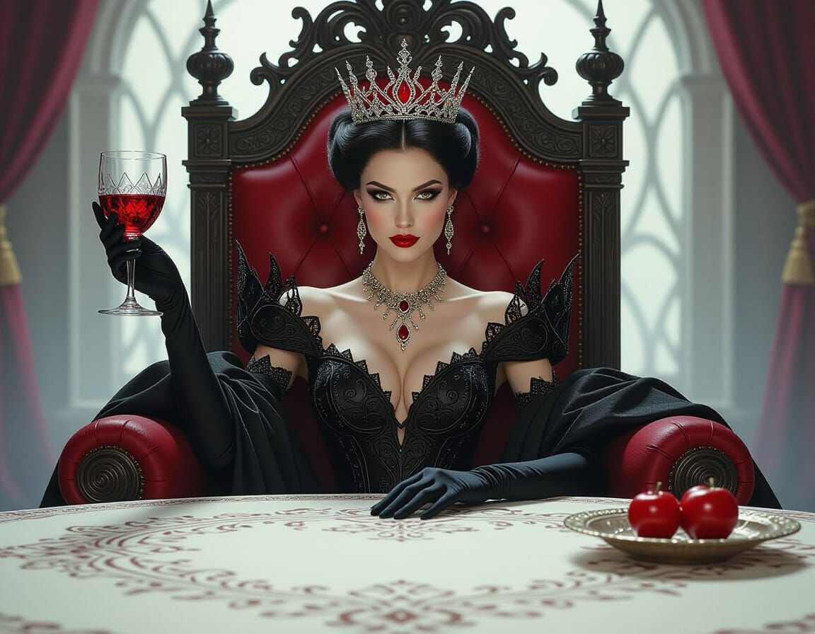 Elegant Evil Queen on Throne in Photorealistic Style