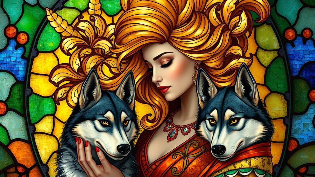Ethereal Woman with Regal Husky in Vibrant Stained Glass
