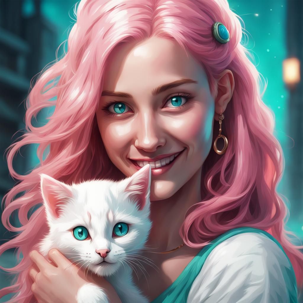 Woman with Pink Hair Holding Kitten