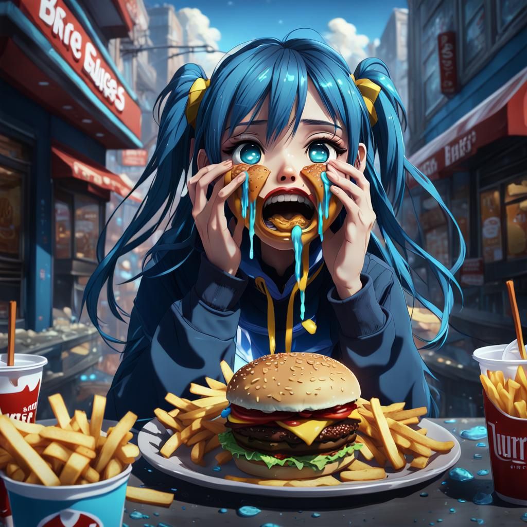 Sad Anime Girl Eating Junk Food