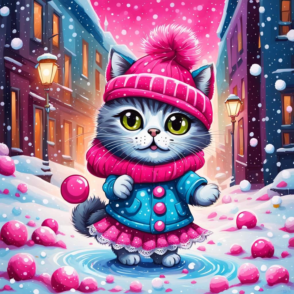 Cartoon Cat Dancing in Snow, Graffiti Art Style
