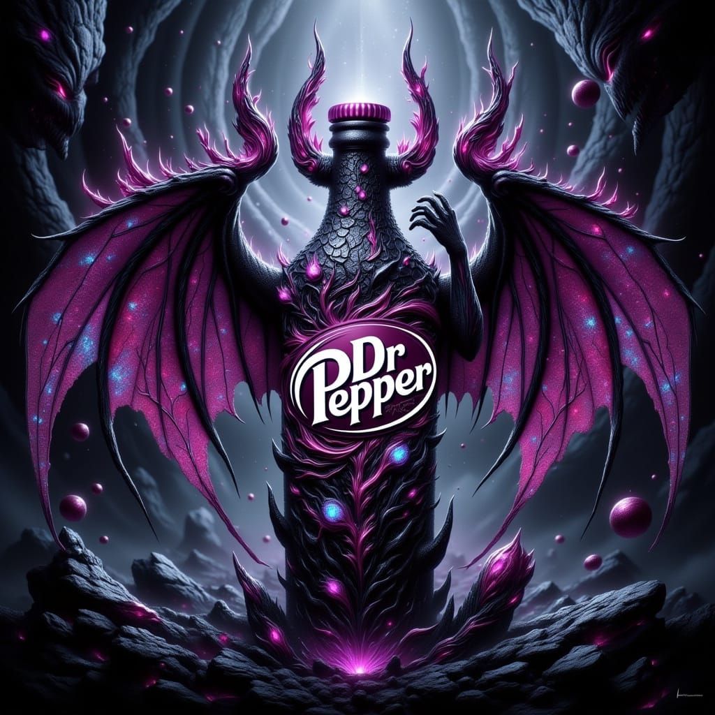 Majestic Dark Fantasy Creature Cradles Dr Pepper Bottle