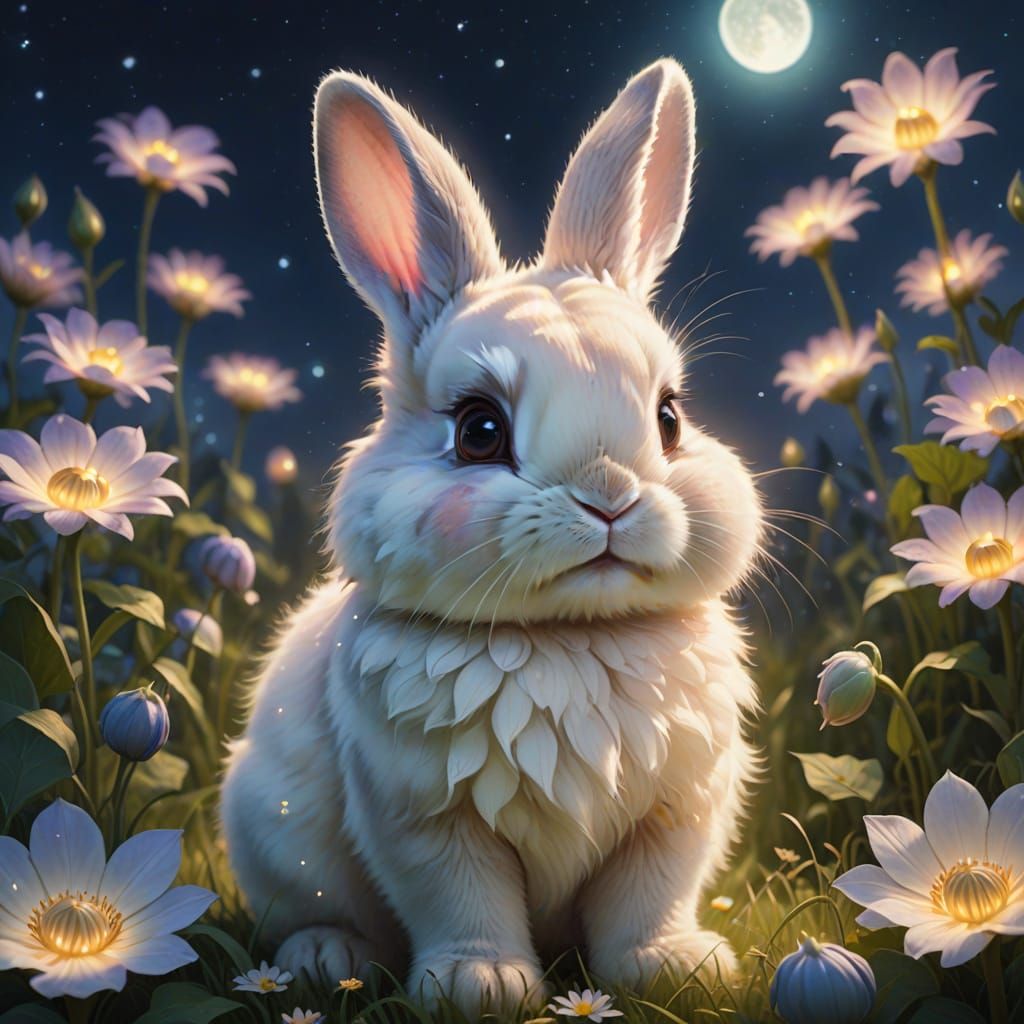 Baby Bunny in Moonflower Meadow, Pixar Watercolor Style