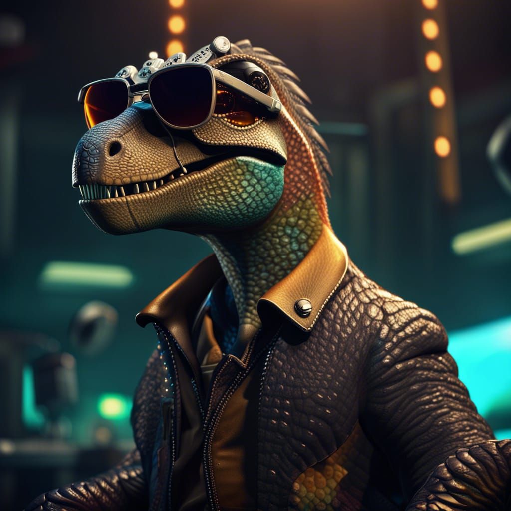 Rockstar Dinosaur on Talk Show in Noir Style